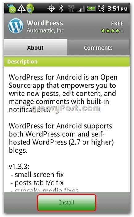 Wordpress Android instalēšanas ekrānā