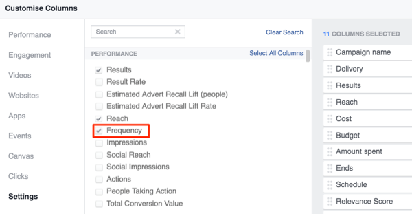 facebook reklāmu pārvaldnieks pielāgo slejas, lai pievienotu biežumu