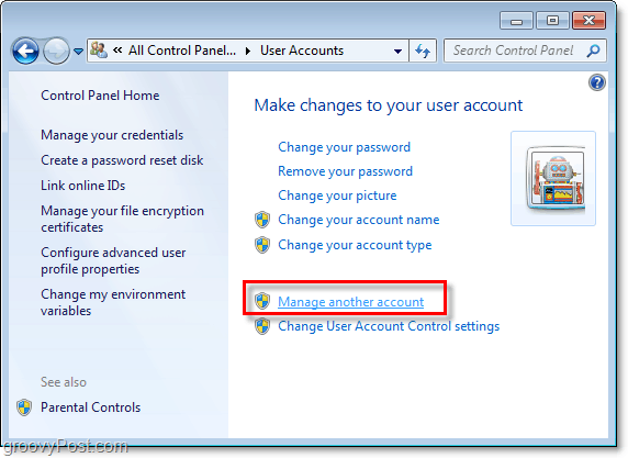 Windows 7 lietotāja konta lapā noklikšķiniet uz Pārvaldīt citu kontu