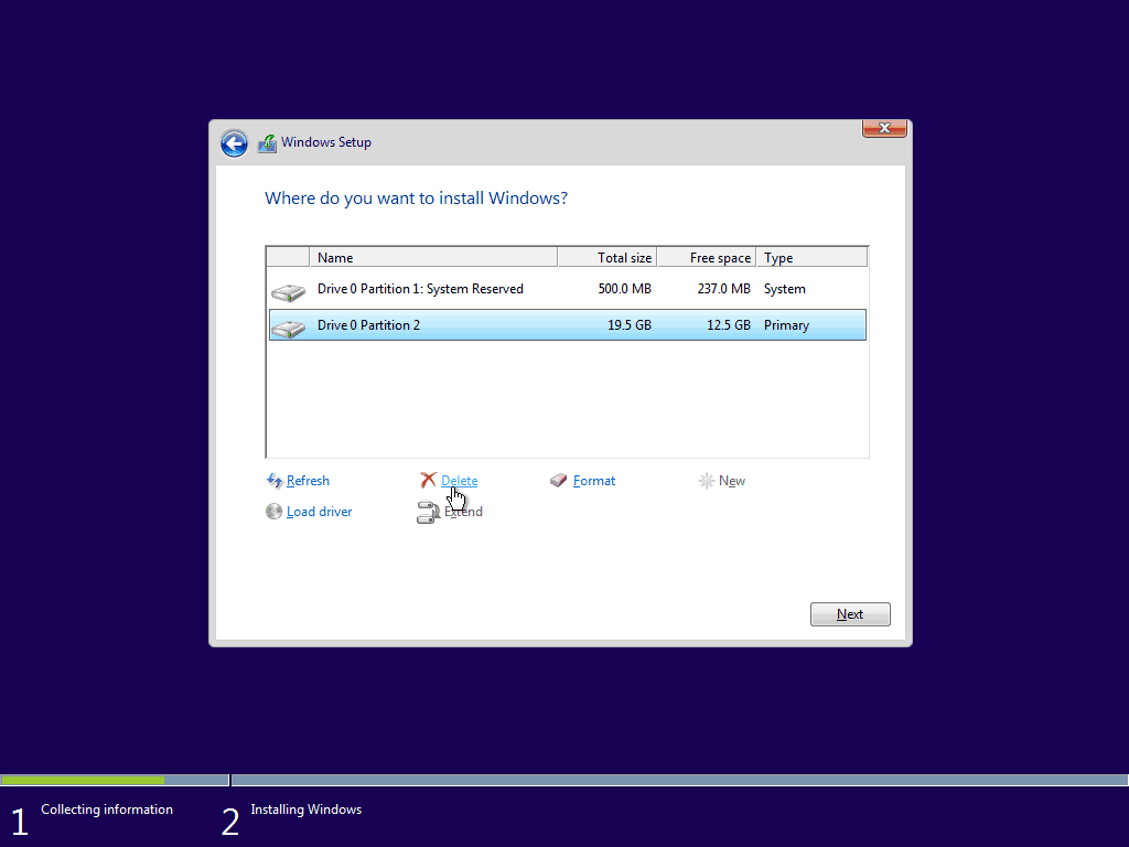 05 Dzēst esošo primāro nodalījumu Windows 10 tīrā instalēšana