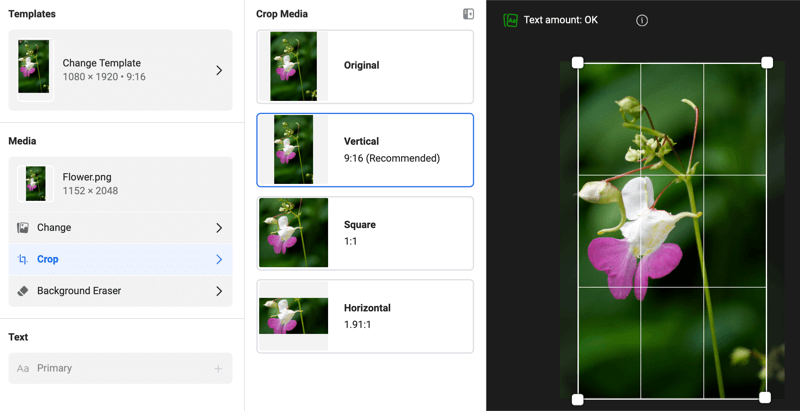 Dialoglodziņš Instagram Stories reklāmu veidnes, kurā redzamas rediģēšanas opcijas