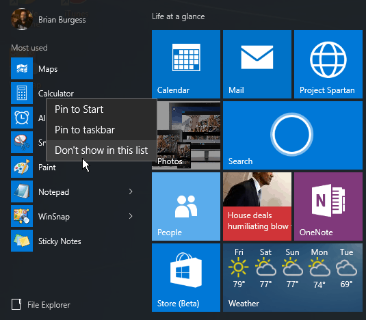 Windows 10 izvēlne Sākt