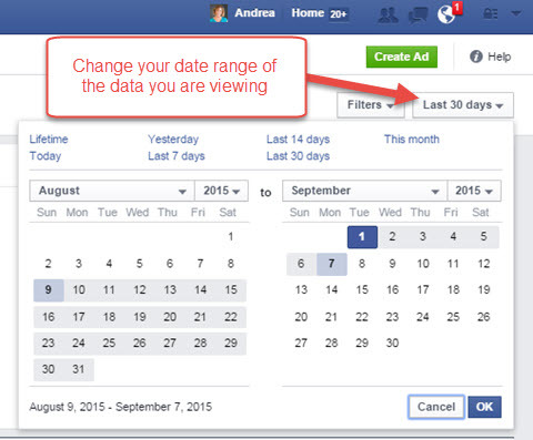 facebook reklāmu pārvaldnieka pārskata datumu diapazons