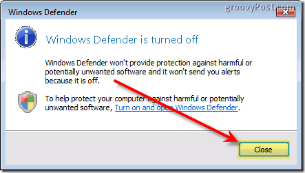 Atspējojiet Windows Defender Vista