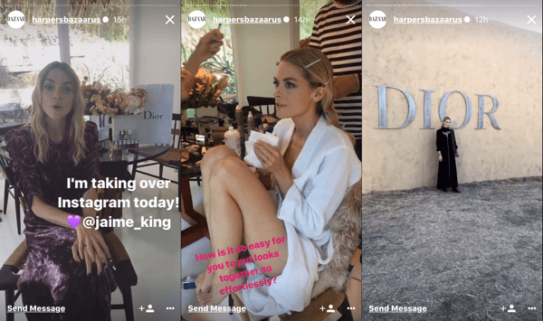 Harper's Bazaar nodeva savu Instagram stāstu Jaime Kingam Dior Cruise šovā.