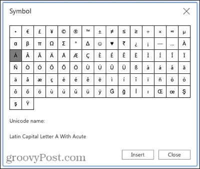 Akcentu zīmju simboli programmā Word tīmeklī