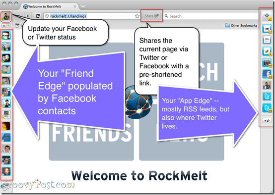 RockMelt apskats - sociālo mediju tīmekļa pārlūks
