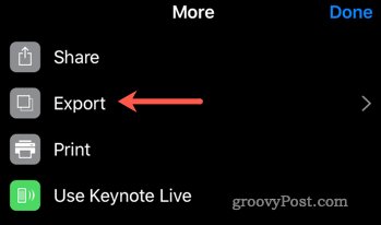 Sāciet eksporta procesu no Keynote uz PowerPoint operētājsistēmā iOS