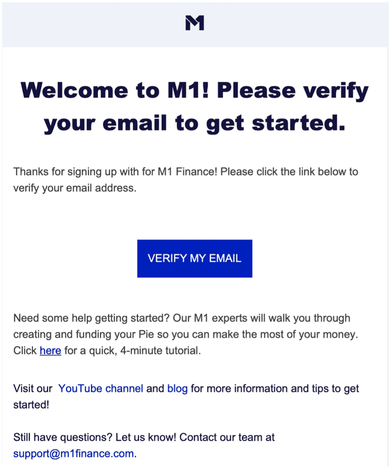 M1 Finance pārbaudiet e-pastu
