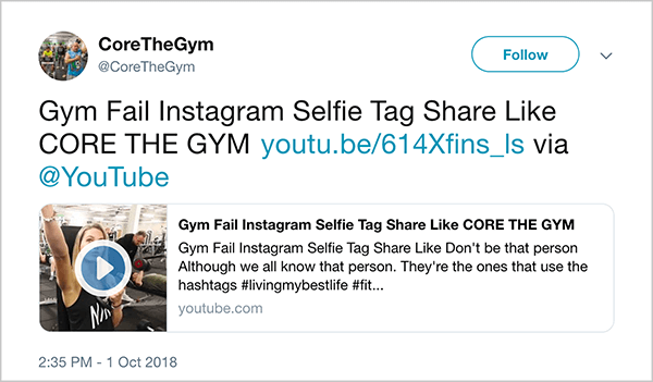 Šis ir @CoreTheGym tvīta ekrānuzņēmums. Čivināt saka: “Gym Fail INstagram Selfie Tag Share Like CORE THE GYM” un saite uz YouTube videoklipu. Videoklipa apraksts ir “Neesi tāds kā šī persona. Lai gan mēs visi zinām šo cilvēku. Viņi ir tādi, kas izmanto mirkļbirkas #livingmybestlife ”. Saite uz videoklipu ir youtu.be/614Xfins_ls.