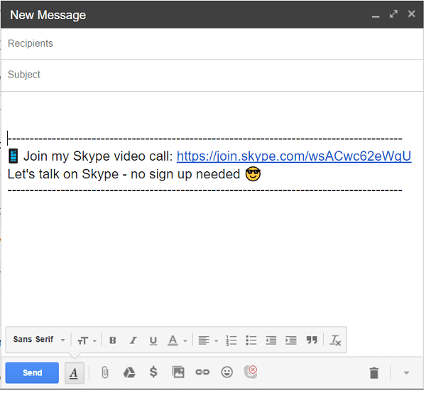 Lai pievienotu zvana saiti, e-pasta ziņojuma apakšdaļā noklikšķiniet uz Skype ikonas.