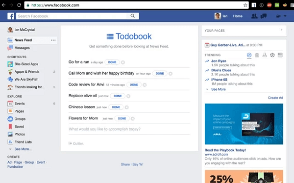 Todobook bloķē jūsu Facebook ziņu plūsmu, līdz jūs paveicat savas dienas prioritātes.