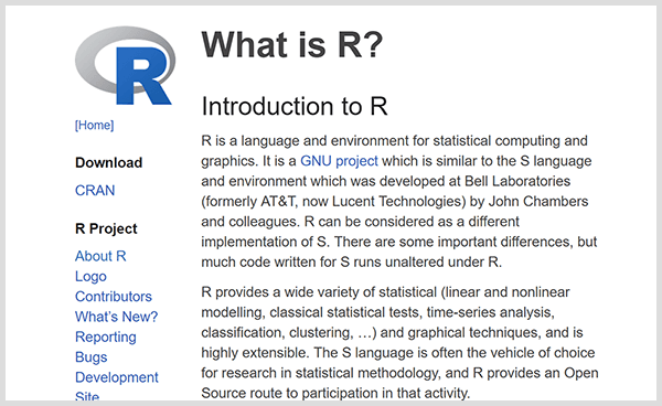 Izveidojiet savus prognozēšanas analīzes rīkus, izmantojot R programmēšanas valodu. Ekrānuzņēmums no R ieviešanas tīmekļa lapas. 