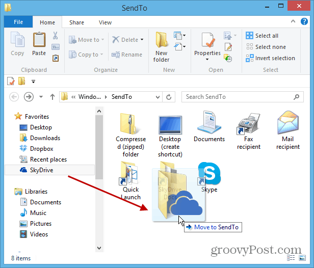 Pievienojiet SkyDrive Windows ar peles labo pogu noklikšķiniet uz Nosūtīt uz izvēlni