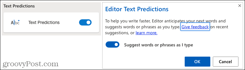 Microsoft redaktora teksta prognozes
