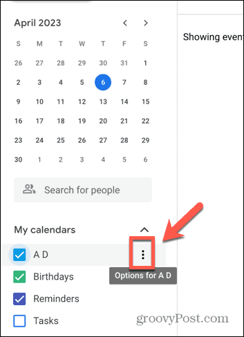 Google kalendāra trīs punktu ikonas ekrānuzņēmums