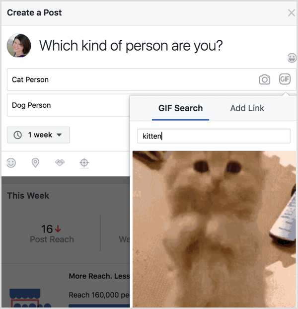 Facebook aptauja GIF meklēšana