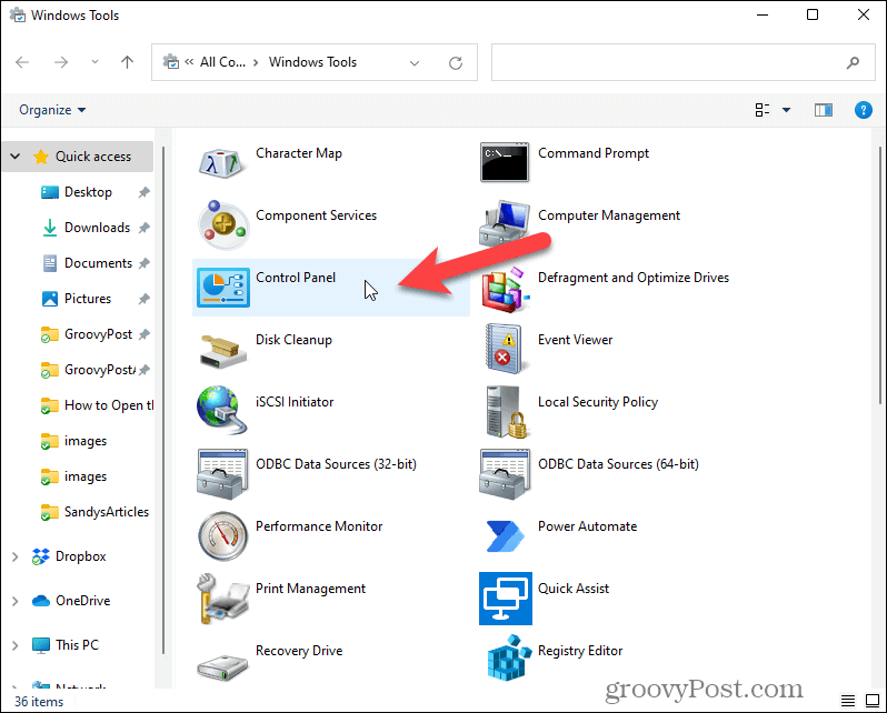Windows rīkos atveriet vadības paneli