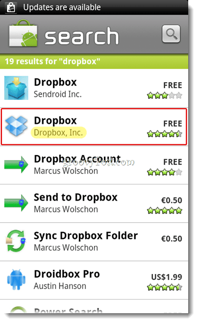 Android Dropbox meklēšanas izvēlne