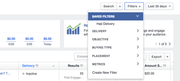 facebook reklāmu pārvaldnieka filtru dati