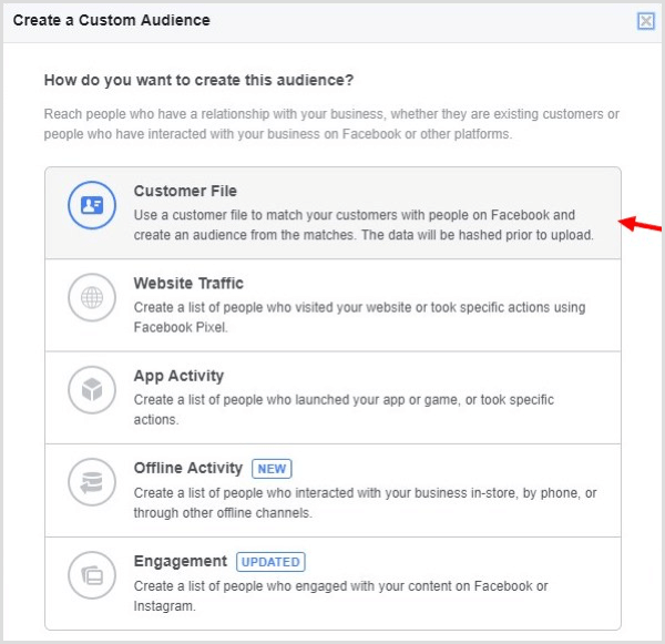 Izveidojiet Facebook, lai izveidotu pielāgotu auditoriju, pamatojoties uz jūsu e-pasta sarakstu.