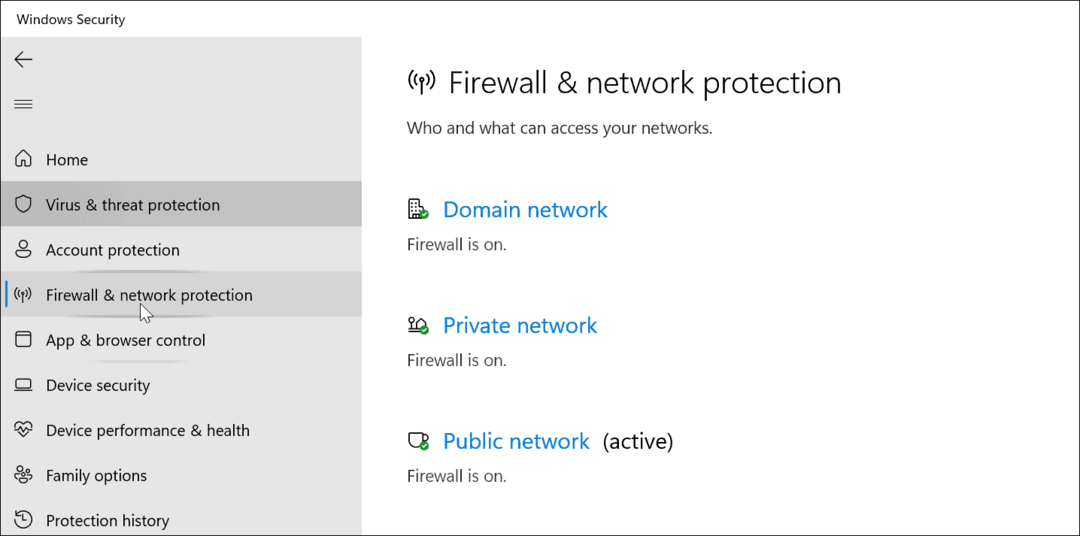 ugunsmūris un tīkla aizsardzība Windows drošības sistēma Windows 11
