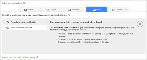 Kampaņas veids par zīmola atpazīstamību un sasniedzamību programmā Google AdWords.