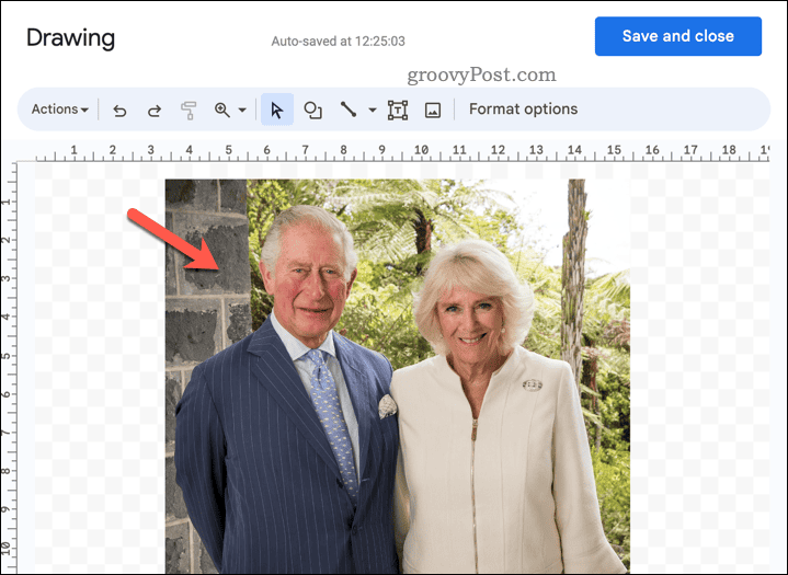 Google dokumentu zīmēšanas rīkā atlasiet attēlu