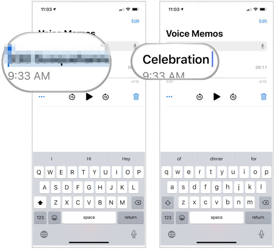 iPhone Voice Memos maina vārdu
