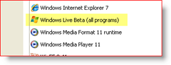 Vadības panelis, Windows XP, Instalētās lietotnes, Windows Live Beta (visas programmas)