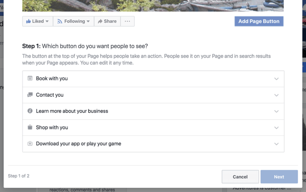 1. solis, lai izveidotu Facebook biznesa lapas pogu ar aicinājumu uz darbību.