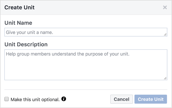 Piešķiriet Facebook grupas vienībai nosaukumu un aprakstu. 