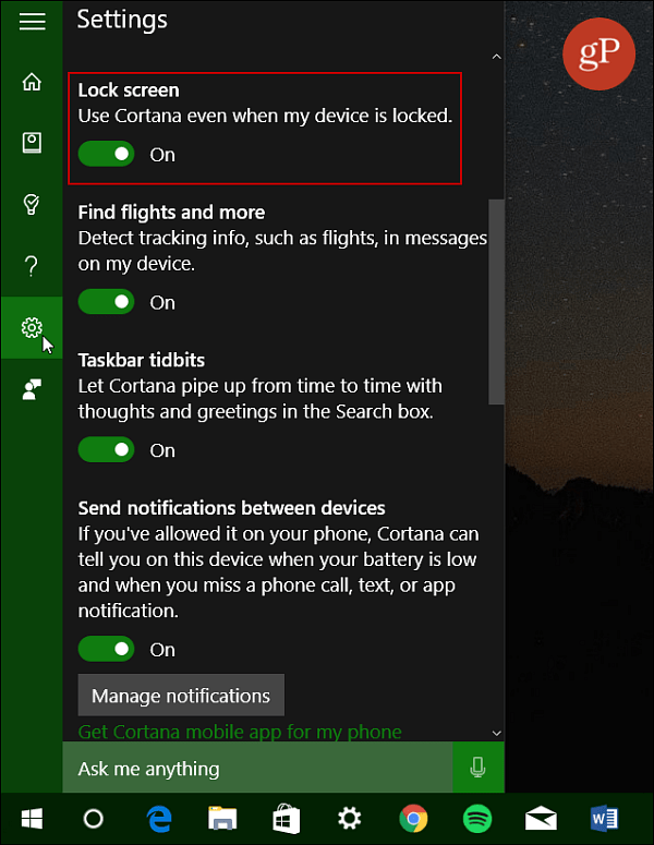 Ieslēdziet Cortana bloķēšanas ekrānu Windows 10