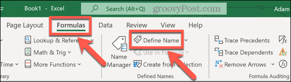 Excel definē diapazona nosaukumu