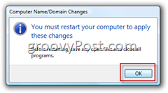 Windows Vista pievienojieties Active Directory AD domēna apstiprinājumam, lai restartētu datoru