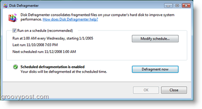 Diska defragmentētājs Windows Vista darbu plānotājam