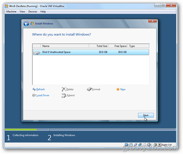VirtualBox Windows 8 instalēšanai izvēlieties disku