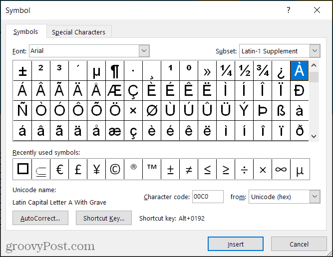 Akcentu zīmju simboli programmā Word