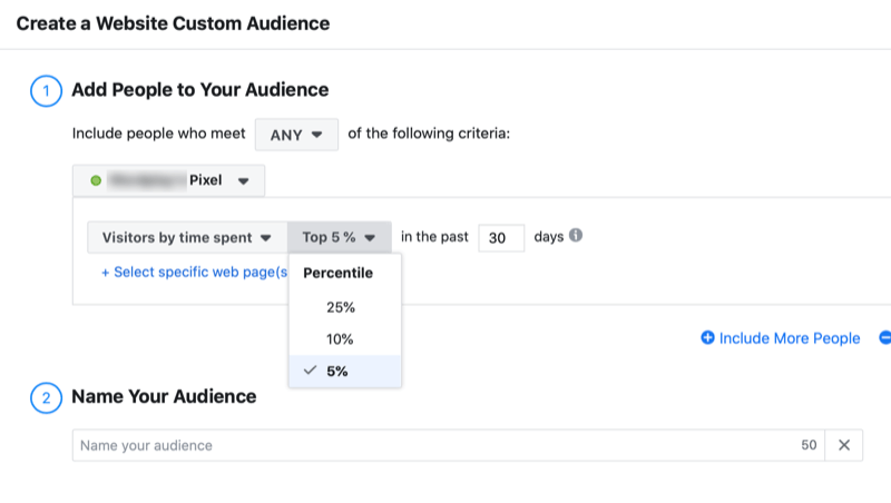 iestatiet Facebook vietnes pielāgoto auditoriju pēc pavadītā laika