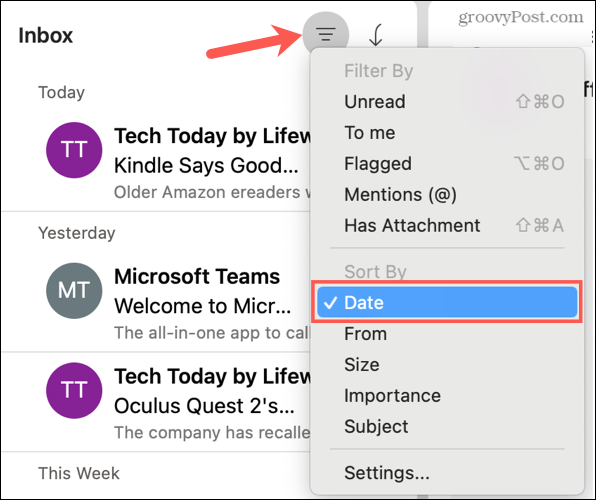 Kārtot pēc datuma programmā Outlook operētājsistēmā Mac