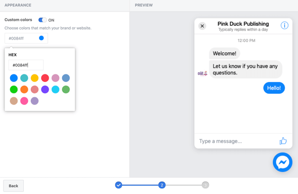 Izmantojiet Google tagu pārvaldnieku ar Facebook, 11. darbības iespējas, lai iestatītu pielāgotas krāsas jūsu Facebook tērzēšanas spraudnim