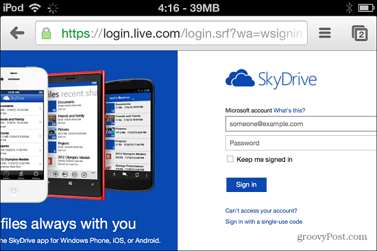Piesakieties pakalpojumā SkyDrive