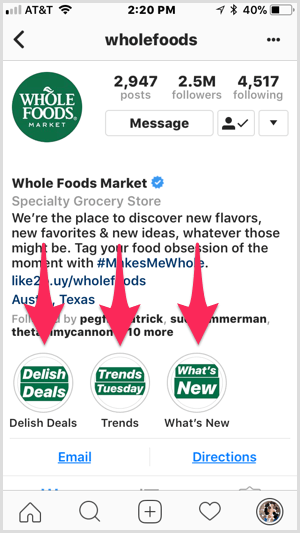 Instagram izceļ Whole Foods profilā.