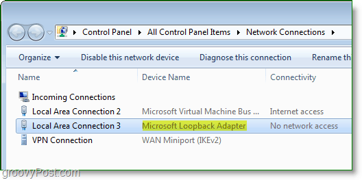 Windows 7 tīkla ekrānuzņēmums - Microsoft Loopback adapteris, kas redzams tīkla savienojumu logā