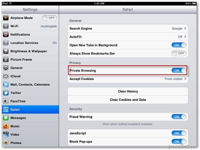 Apple iOS 5: iespējot Safari privāto pārlūkošanu