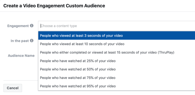 Izveidojiet Video Engagement pielāgotās auditorijas iestatīšanas logu