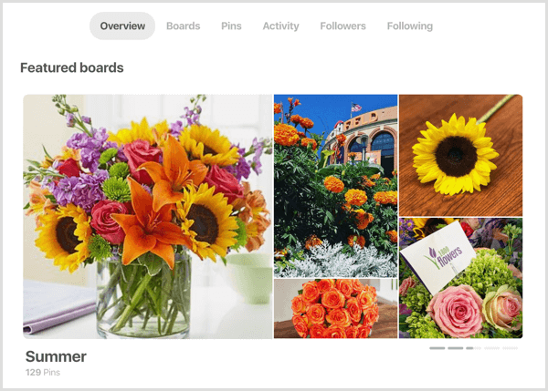 Pinterest profila sadaļas Piedāvātie dēļi piemērs