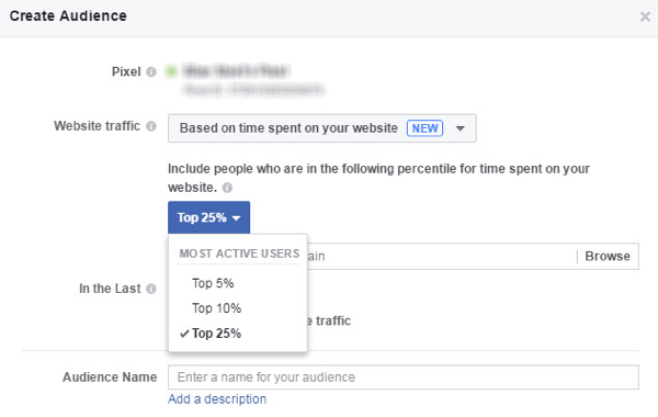Izveidojiet Facebook pielāgotu auditoriju ar cilvēkiem, kuri visvairāk laika pavada jūsu vietnē.