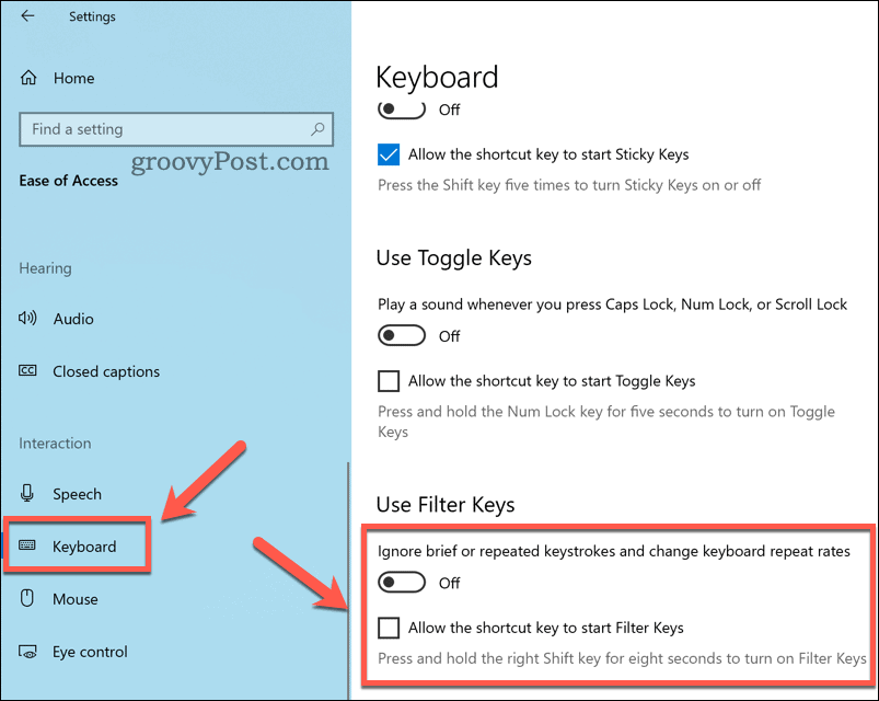 Filtra atslēgu iestatījumu konfigurēšana operētājsistēmā Windows 10