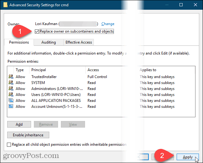 Windows reģistra dialoglodziņā Papildu drošības iestatījumi noklikšķiniet uz Lietot